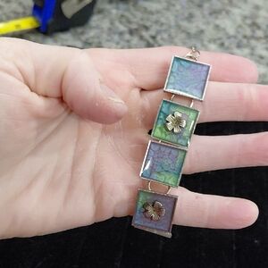Artisan Floral Square Bracelet. Mosiac Panel Bracet. Purple and Green Colors....